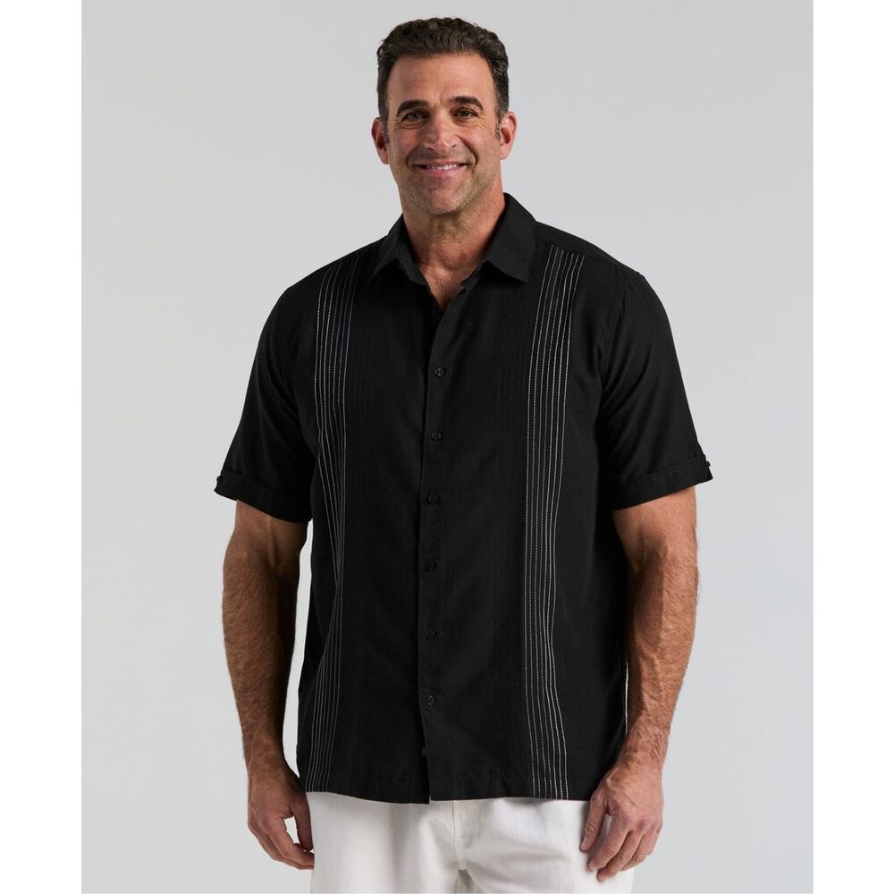 Cubavera Ombre Button Down Embroidered Panel Short Sleeve Shirt Jet Black Small - Picture 2 of 6